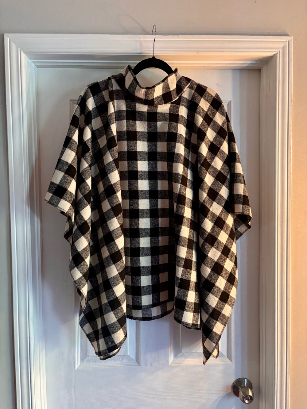 Black & White Buffalo Check Poncho Sweater with Mock Neck
